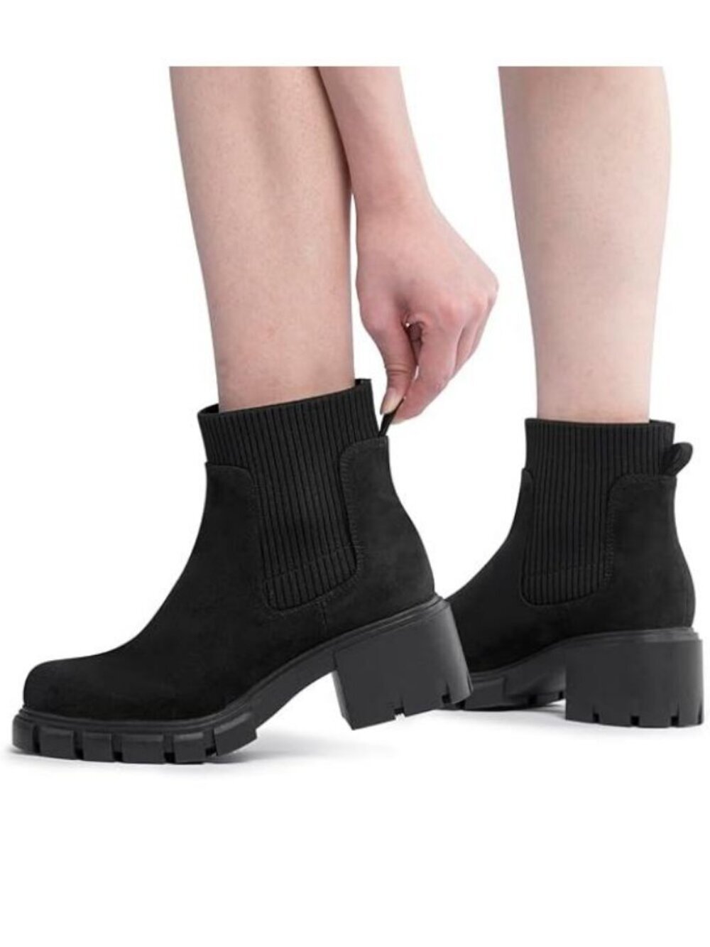 Women's Ankle Boots Chelsea Mid Heel Elastic Chunky Heel Lug Sole Black Suede - Picture 2 of 5